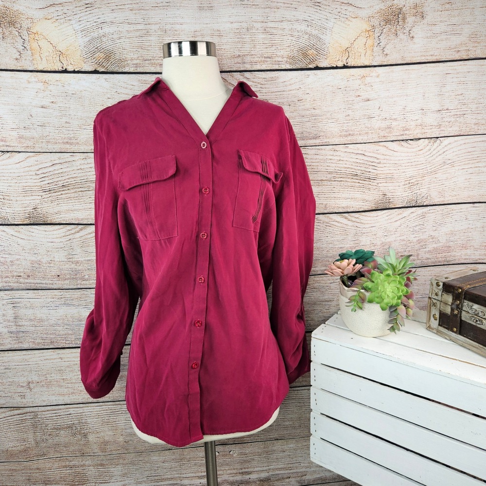 Chico's Button Down Top Long Sleeve Career Casual‎ Shirt Burgundy Size 2 Large